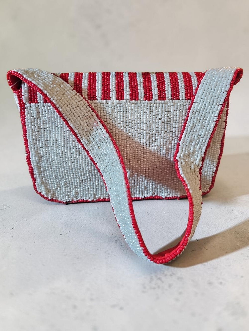 NWT STUDIO TAG SM. Red & White Striped Beaded Cherry SHOULDER BAG. - Picture 4 of 10
